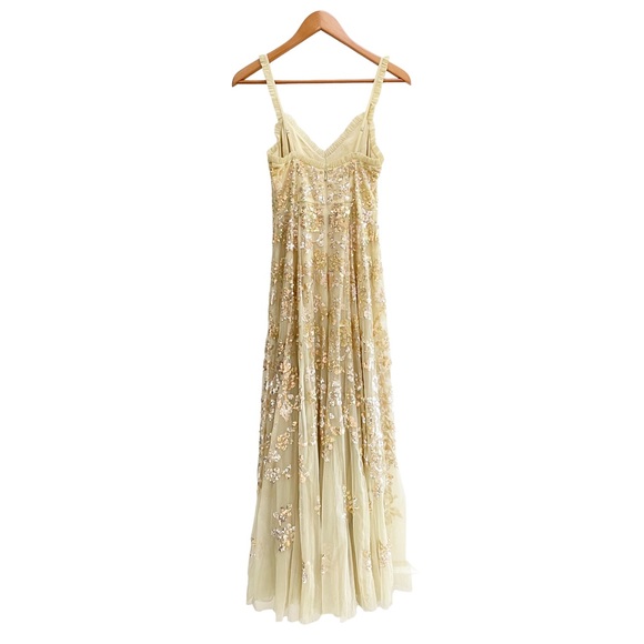 NEEDLE & THREAD Valentina Yellow Tulle Lace Sequin Ruffle Gown Maxi Dress 4 - Picture 5 of 12